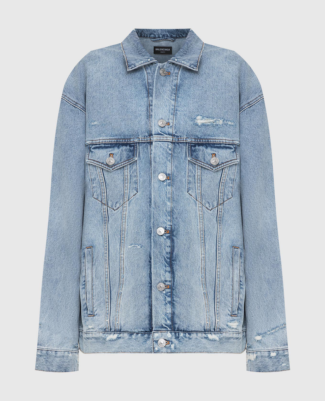 Джинсовая куртка с прорехами и вышивкой 'Barcode Balenciaga' Balenciaga, Голубой, Куртки 
Джинсовая куртка с прорехами и вышивкой 'Barcode Balenciaga' Balenciaga, Голубой, Куртки