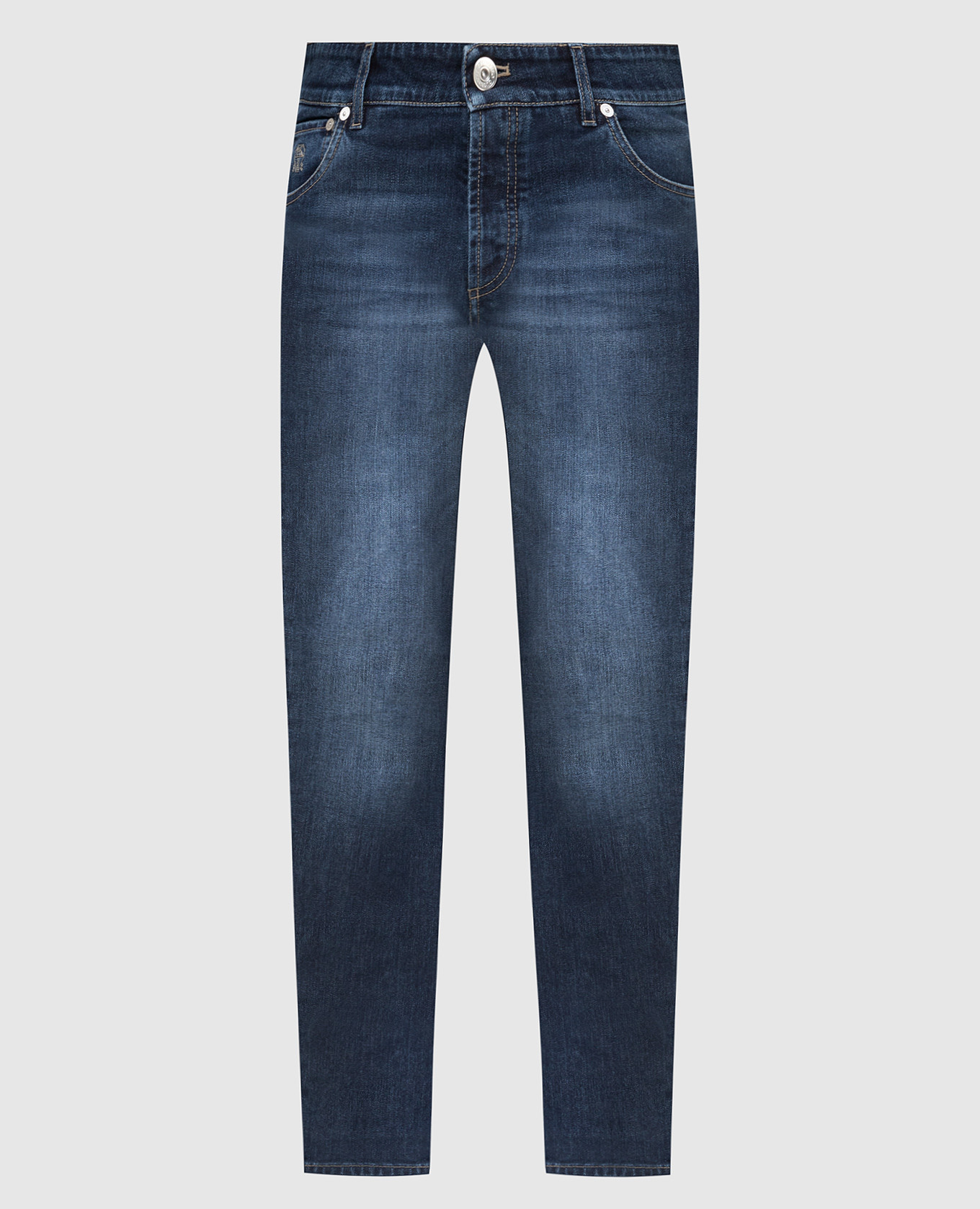 Темно-синие джинсы с эффектом потертости