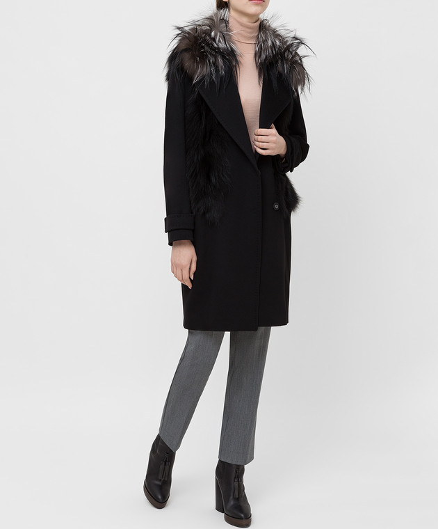 Giuliana Teso Черное пальто из шерсти и кашемира с мехом лисы 64C6060 изображение 2