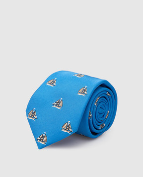 Stefano Ricci Дитячий синій шовковий набір з краватки та хустки-паші у візерунок YDHNG600
