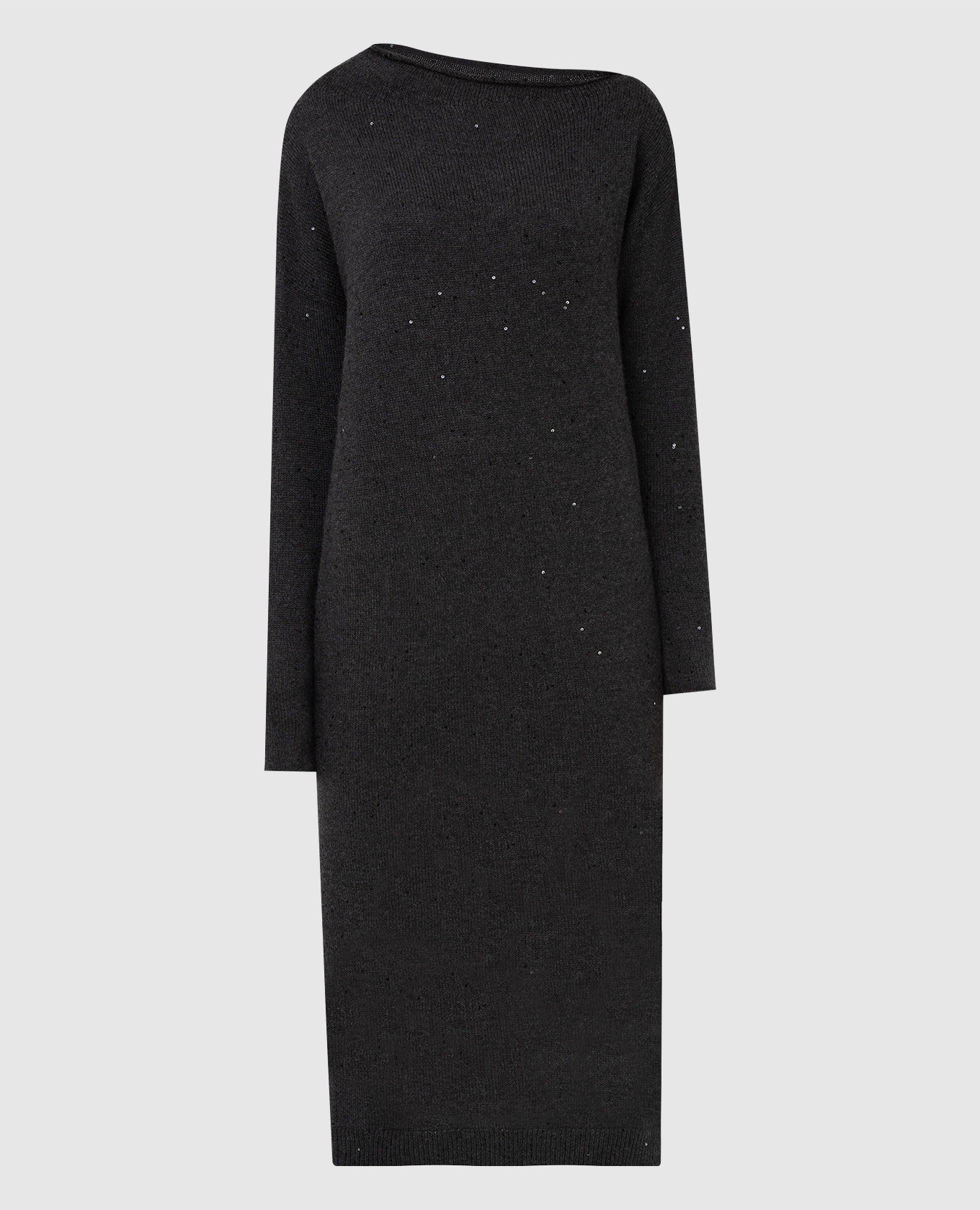 Темно-серое платье из кашемира и шелка в пайетках с разрезом