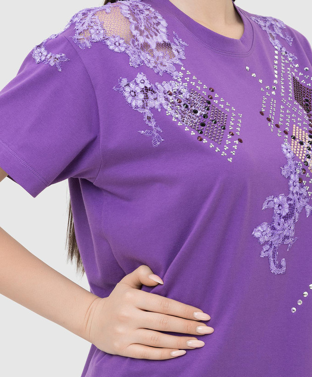 Ermanno Scervino Фиолетовая футболка с кристаллами и кружевом D392L714DUX изображение 5