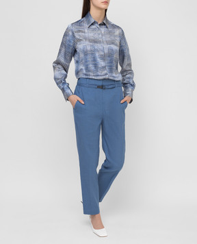 Kiton Синя блуза із шовку в принт D48407K09T46