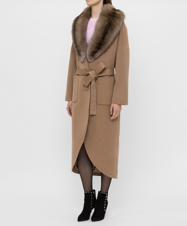 Real Furs House Бежевое пальто из кашемира с мехом соболя GT02 изображение 3