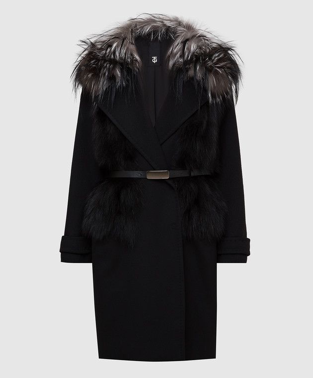 Giuliana Teso Черное пальто из шерсти и кашемира с мехом лисы 64C6060