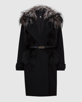 Giuliana Teso Черное пальто из шерсти и кашемира с мехом лисы 64C6060