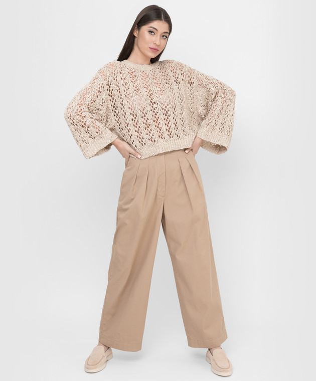 Brunello Cucinelli Бежевый джемпер из льна и шелка в ажурный узор MCK386600 изображение 2