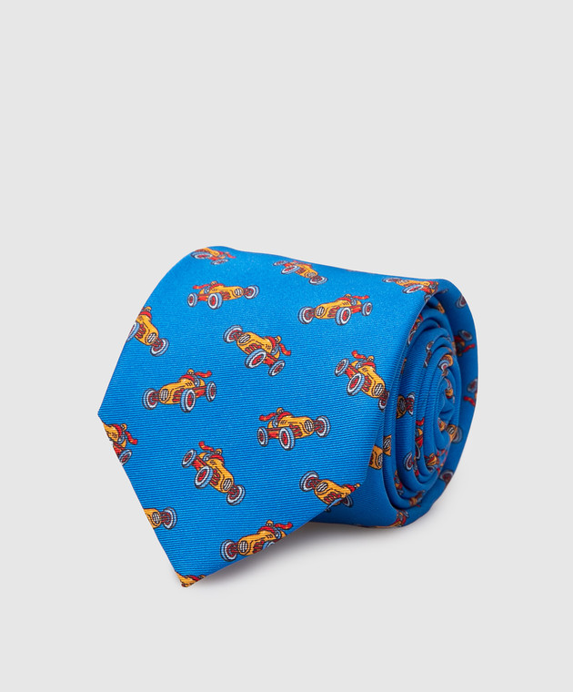 Stefano Ricci Дитячий синій шовковий набір з краватки і хустки-паші у візерунок YDHNG700
