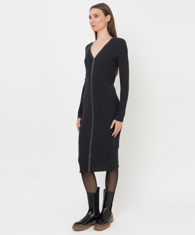 Brunello Cucinelli Темно-сіру сукню з кашеміру з ланцюжками M2E809A92 зображення 3