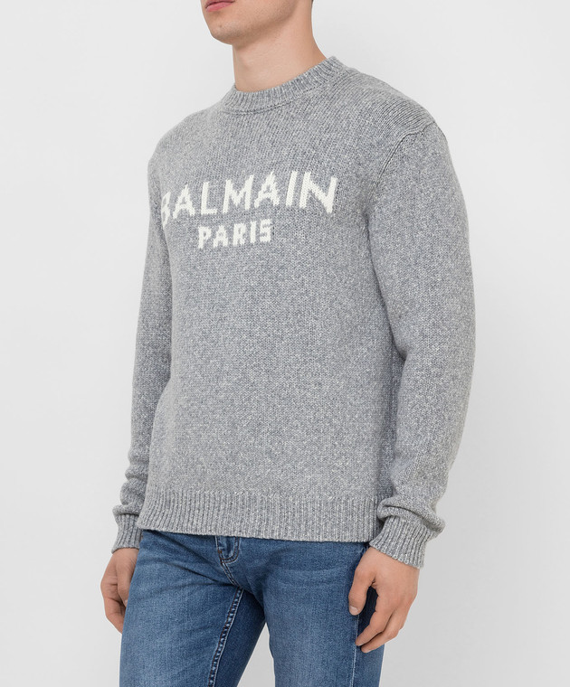 Balmain Світло-сірий светр з вовни мериноса з візерунком логотипу WH1KD000K027 зображення 3