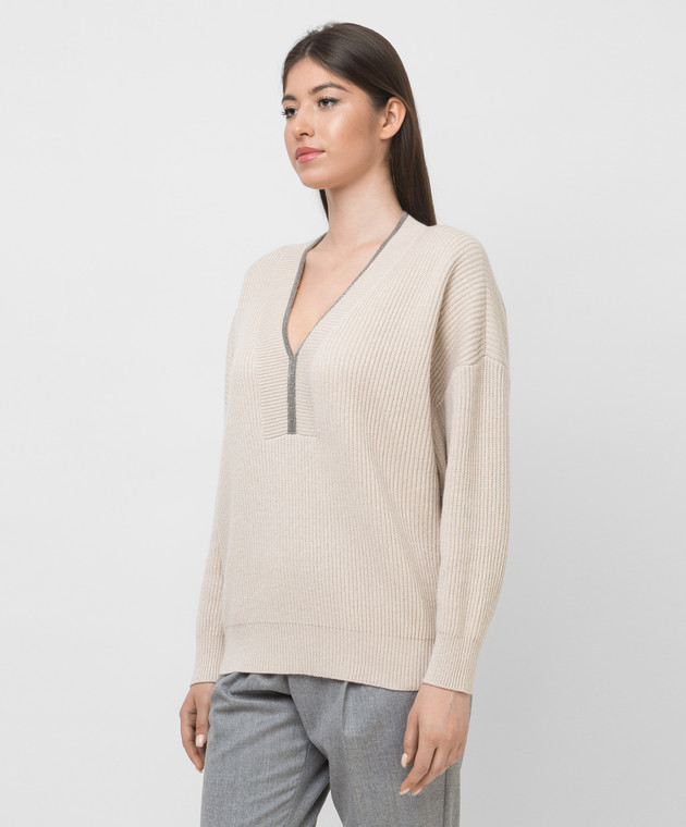 Brunello Cucinelli Светло-бежевый пуловер из кашемира с люрексом и цепочками M7Q711402 изображение 3