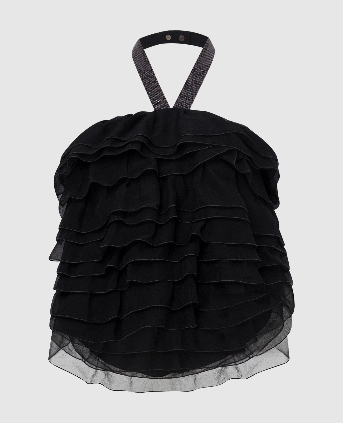 Black silk top with frills and chains