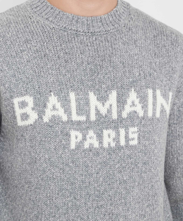 Balmain Світло-сірий светр з вовни мериноса з візерунком логотипу WH1KD000K027 зображення 5