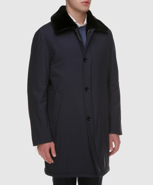 Enrico Mandelli Синє пальто з шовку зі знімним коміром з хутра нутрії A6T766 зображення 3