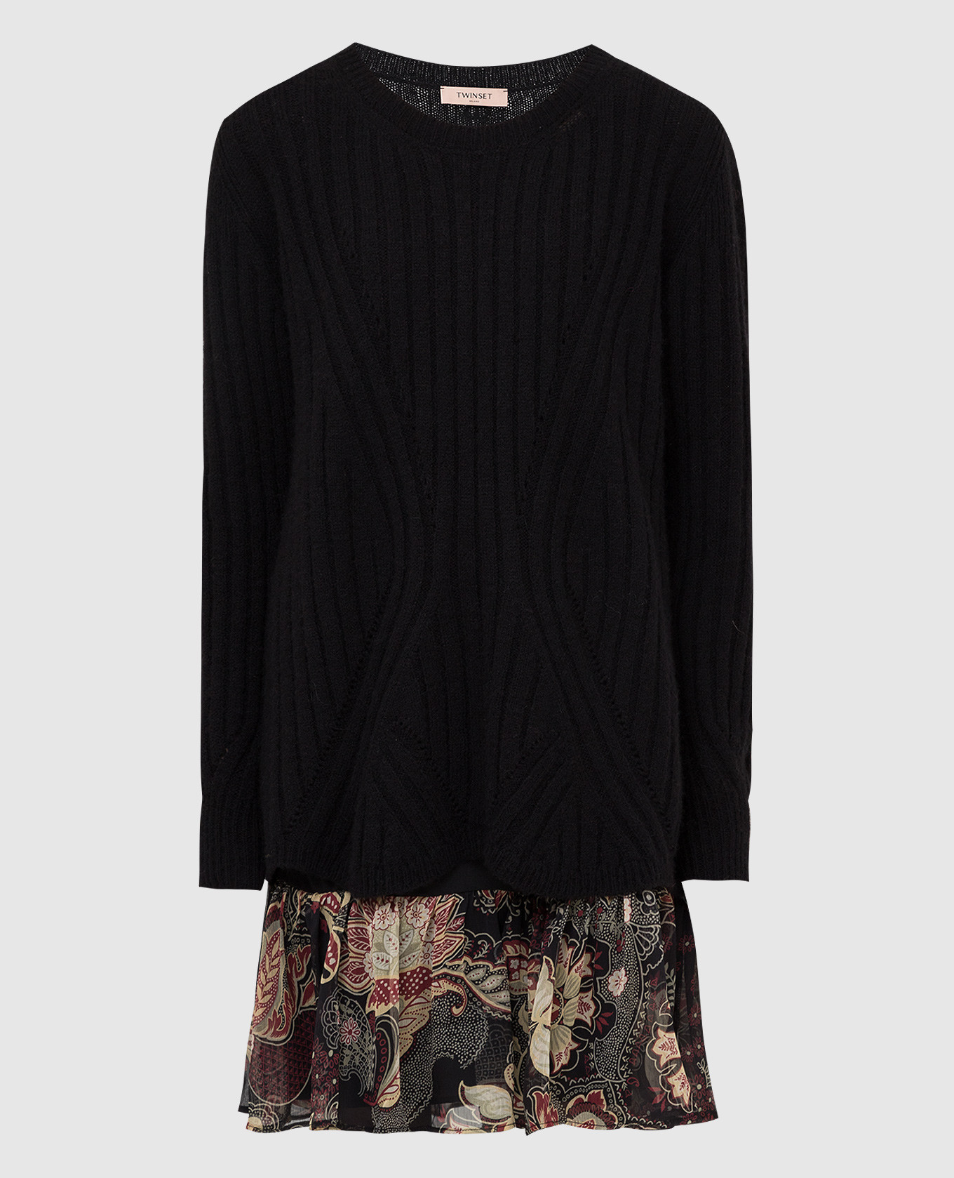 

Комбинированное платье с оборками и цветочным узором, Черный, Повседневные платья