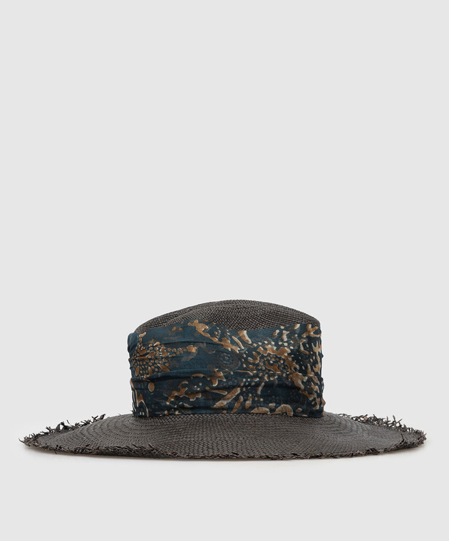Brunello Cucinelli Графитовая соломенная шляпа с шелковой лентой в узор MCAP90117 изображение 3