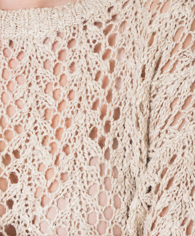 Brunello Cucinelli Бежевый джемпер из льна и шелка в ажурный узор MCK386600 изображение 5