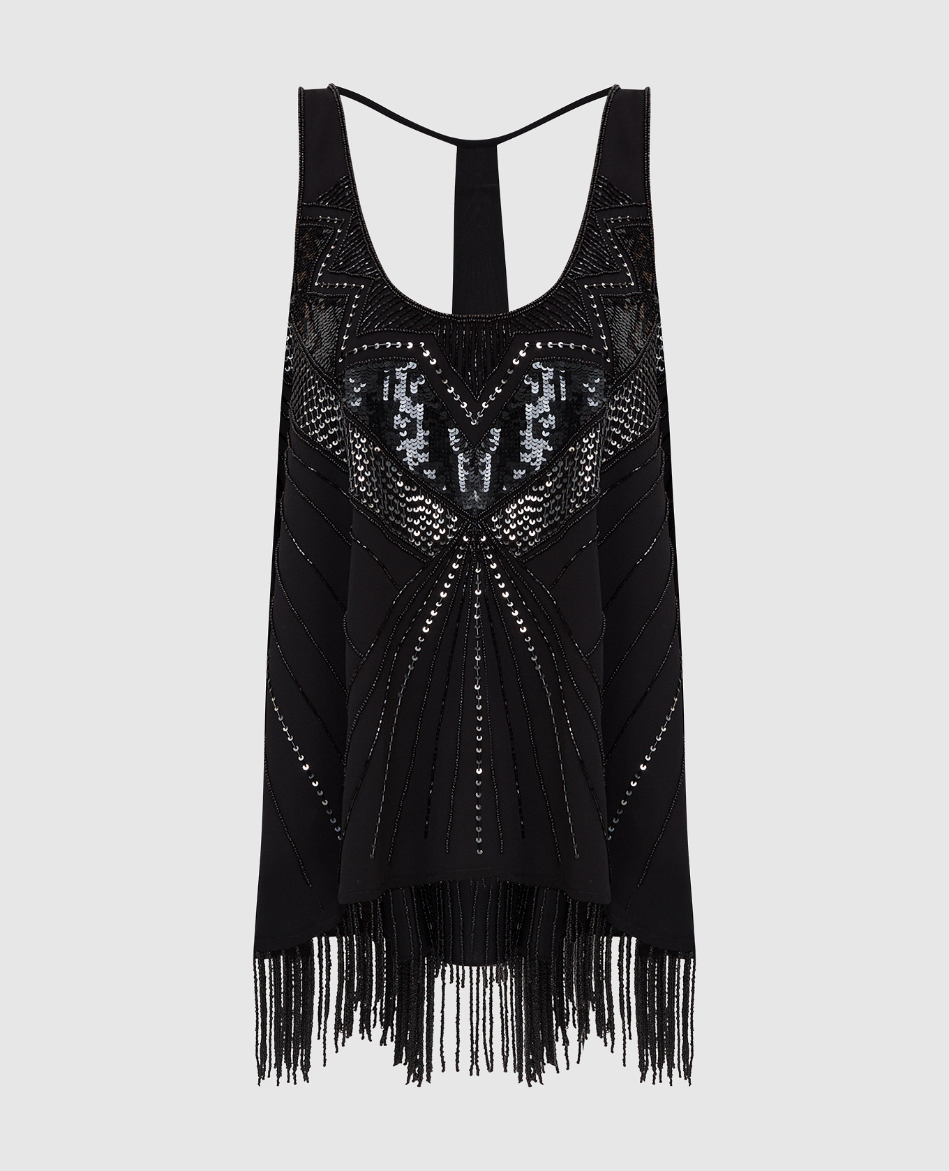 Black top with embroidery and fringes