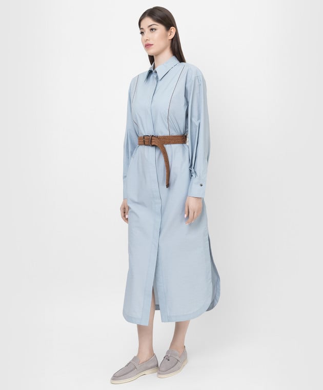 Brunello Cucinelli Голубое платье-рубашка с разрезами и цепочками M0F79A4908 изображение 3