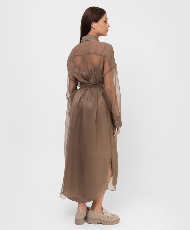 Brunello Cucinelli Коричневое шелковое платье-рубашка с разрезами MF940ANV41 изображение 4