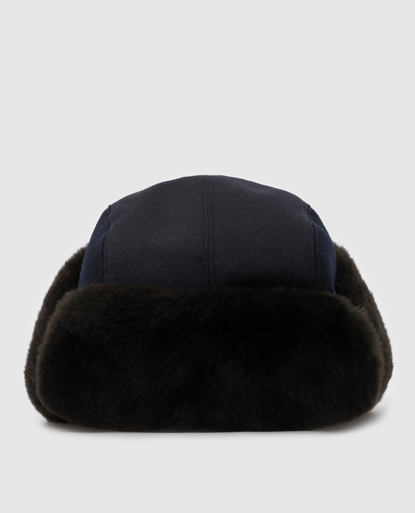 Темно-синяя шапка-ушанка из кашемира с мехом бобра