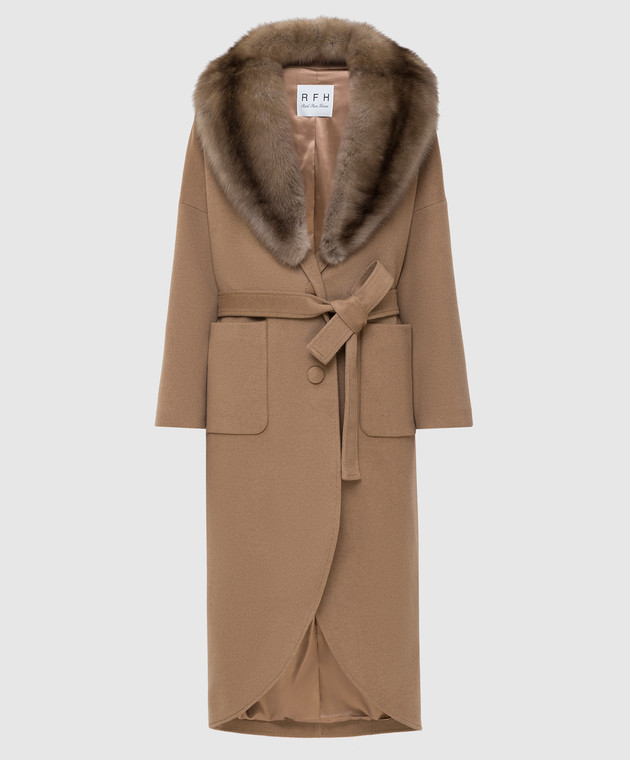 Real Furs House Бежевое пальто из кашемира с мехом соболя GT02