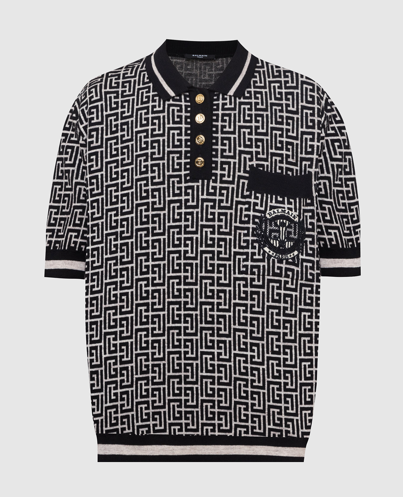 

Черное поло с узором монограммы Balmain, Черный, Поло