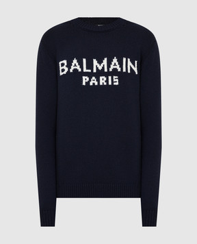 Balmain Темно-синий свитер из шерсти мериноса с узором логотипа WH1KD000K027