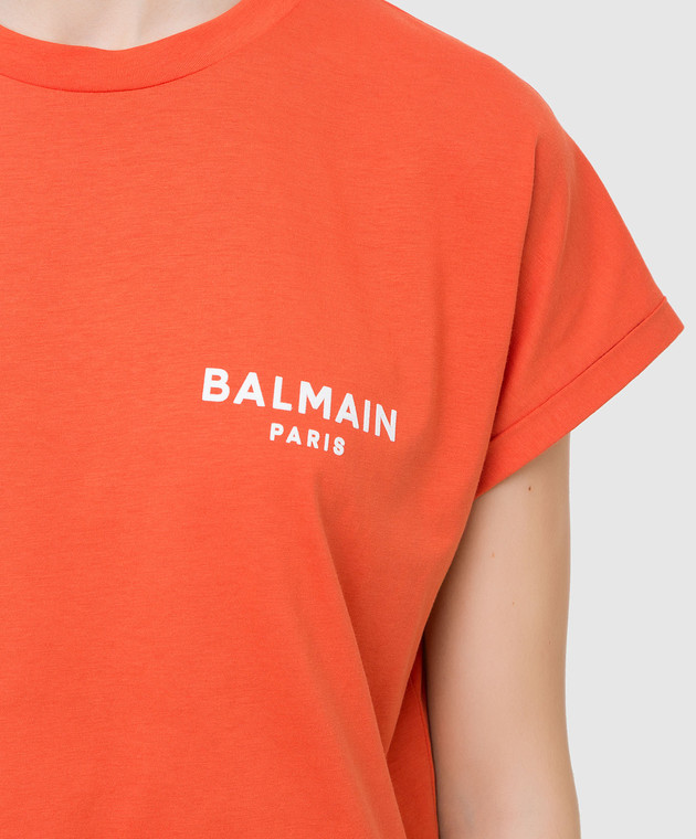 Balmain Оранжевая футболка с принтом логотипа XF1EE005BB01 изображение 5