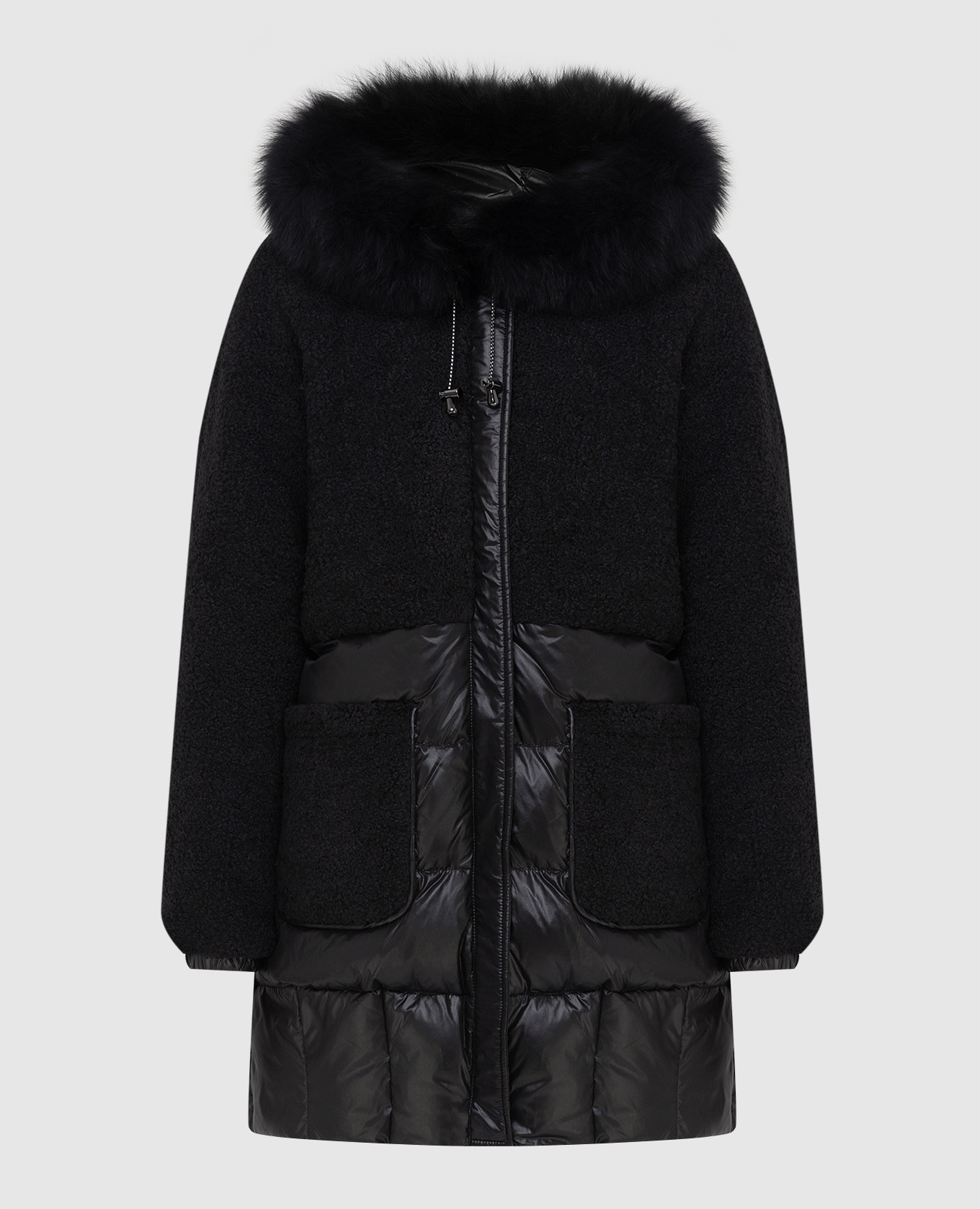 Черная комбинированная пуховая куртка с мехом лисы