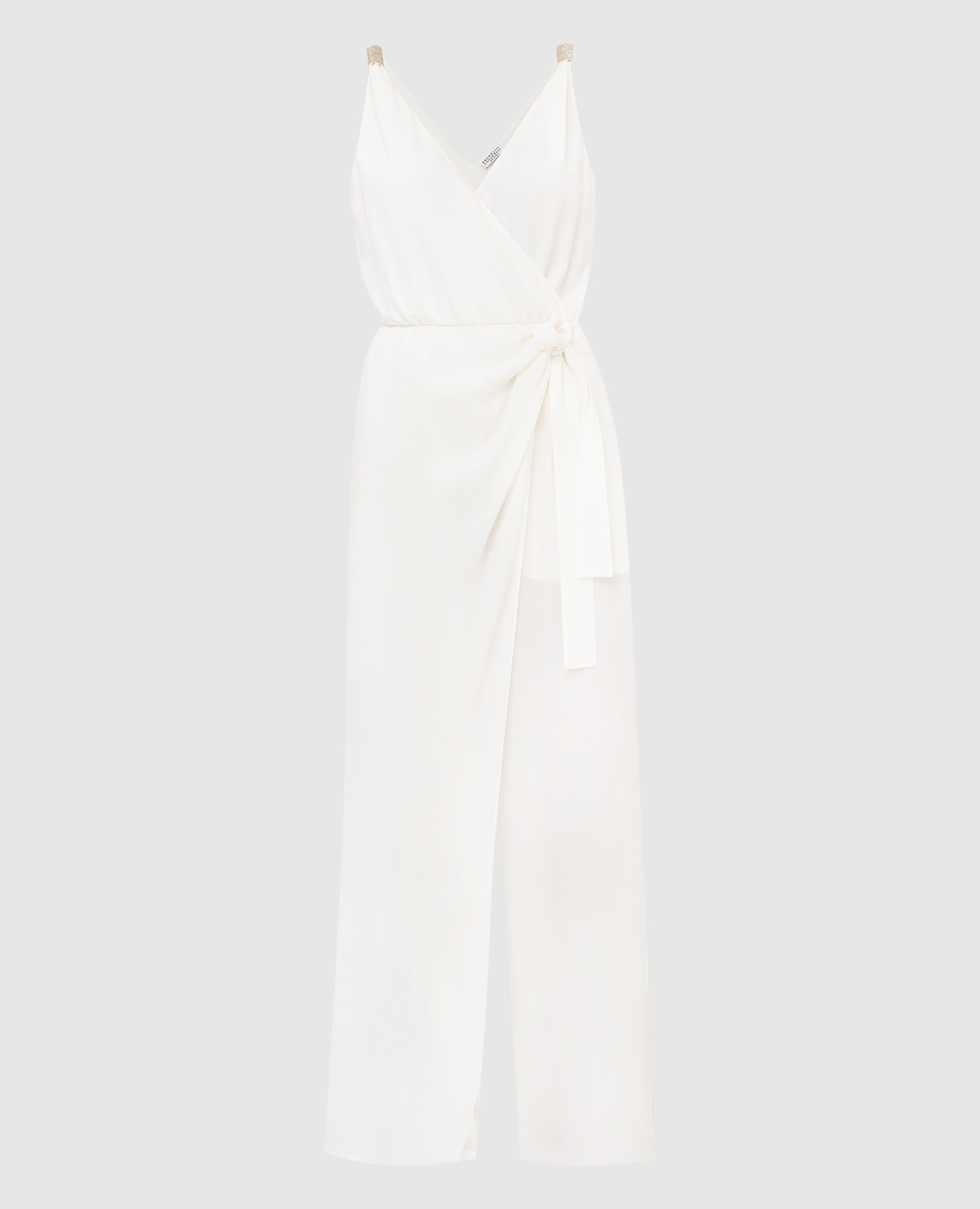 White silk jumpsuit with slit and chains