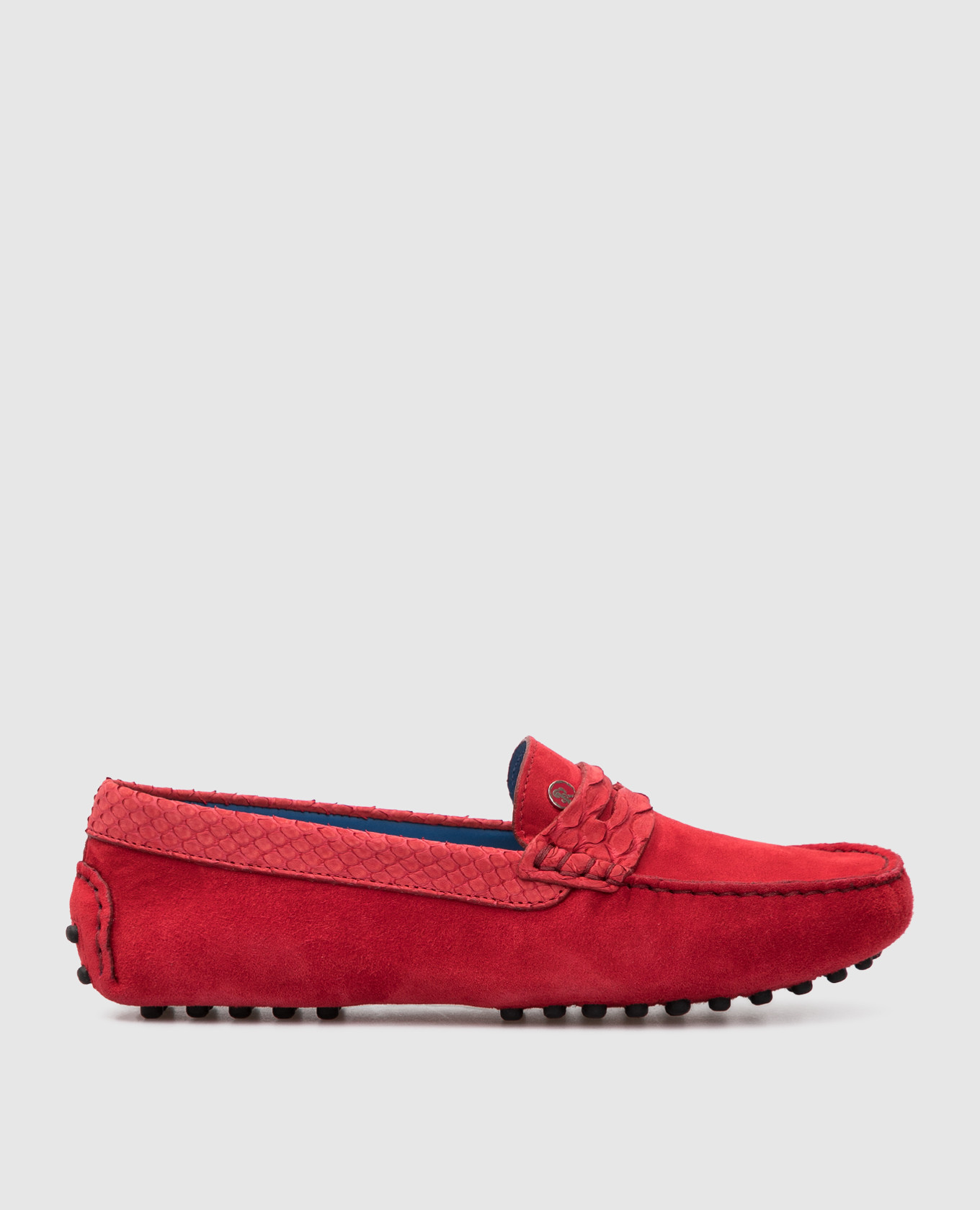 Children's red moccasins in suede and python skin