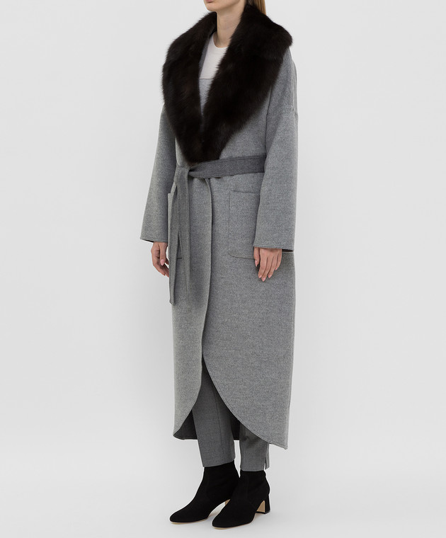 Giuliana Teso Серое пальто из шерсти и кашемира с воротником из меха соболя 84QS392 изображение 3