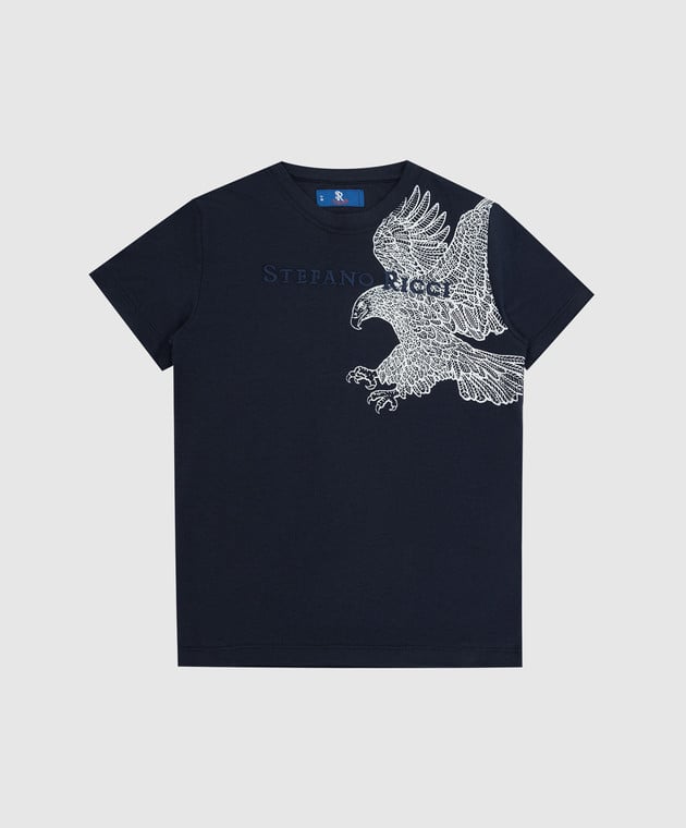 Stefano Ricci Детская темно-синяя футболка с принтом и вышивкой YNH8400040803