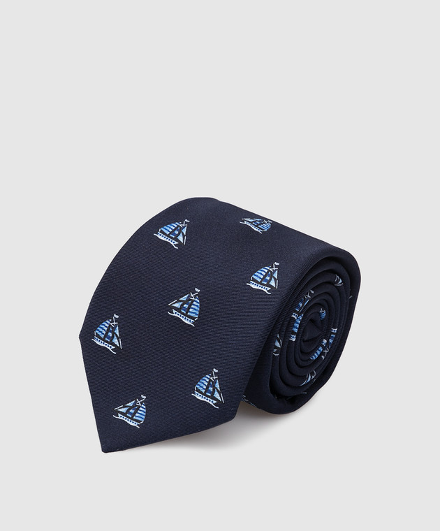 Stefano Ricci Детский темно-синий шелковый набор из галстука и платка-паше в узор YDHNG600