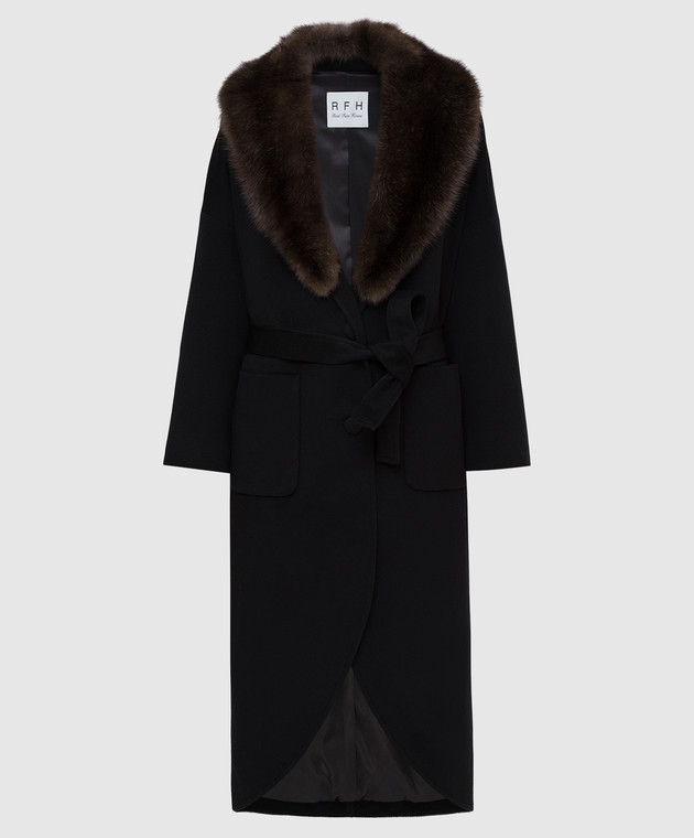 Real Furs House Черное пальто из кашемира с мехом соболя GT02