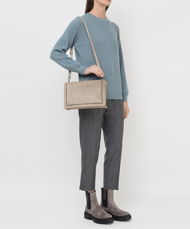 Brunello Cucinelli Светло-серая замшевая сумка-мессенджер с монилью MBDLD2333 изображение 2