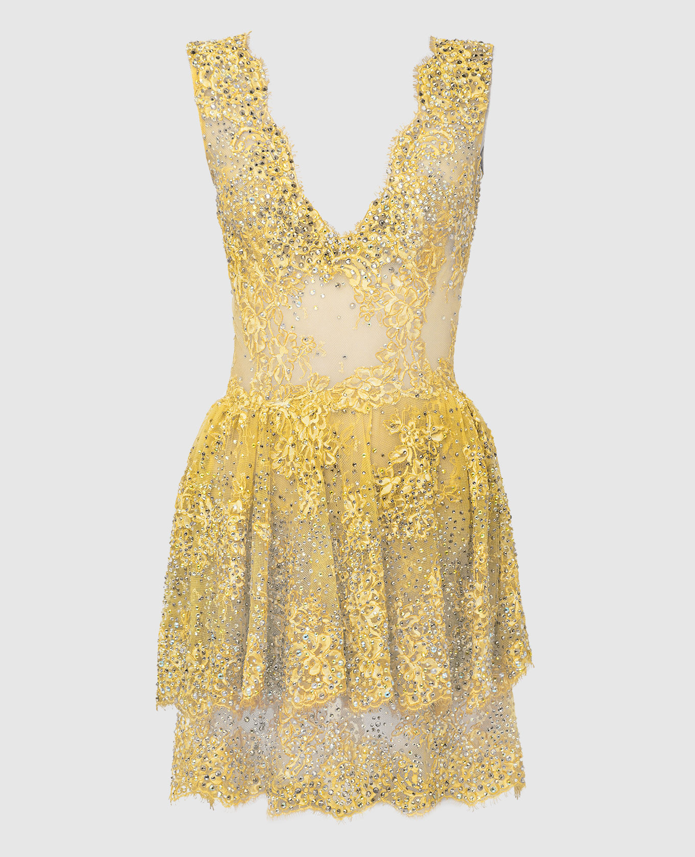 Желтое коктейльное платье с кристаллами
