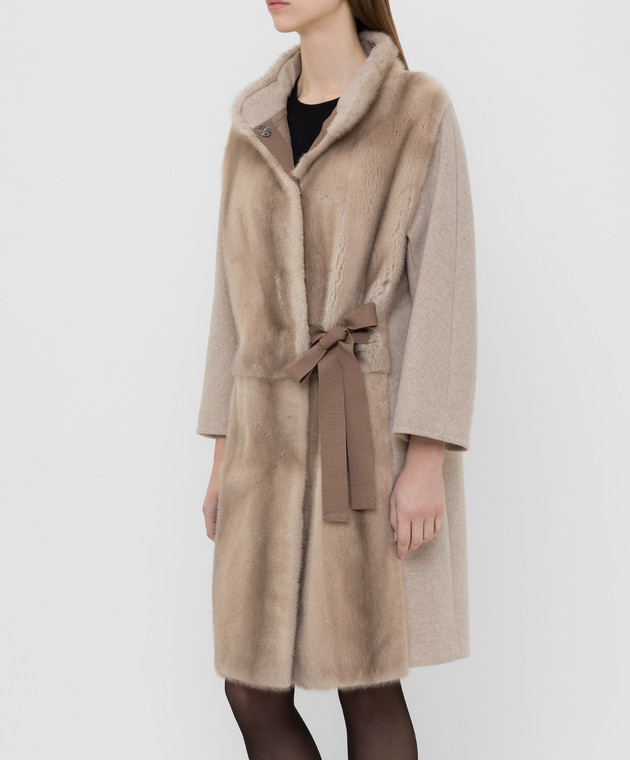 Giuliana Teso Бежеве пальто з вовни з хутром норки 74QS285T072 зображення 3