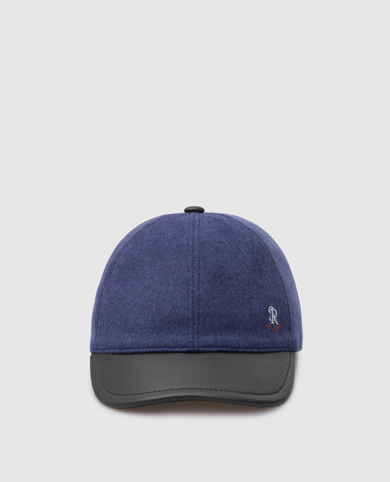 Baby blue wool and leather cap with monogram