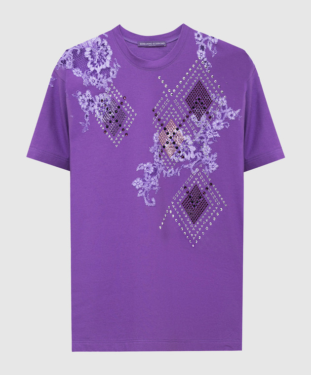 Ermanno Scervino Фиолетовая футболка с кристаллами и кружевом D392L714DUX