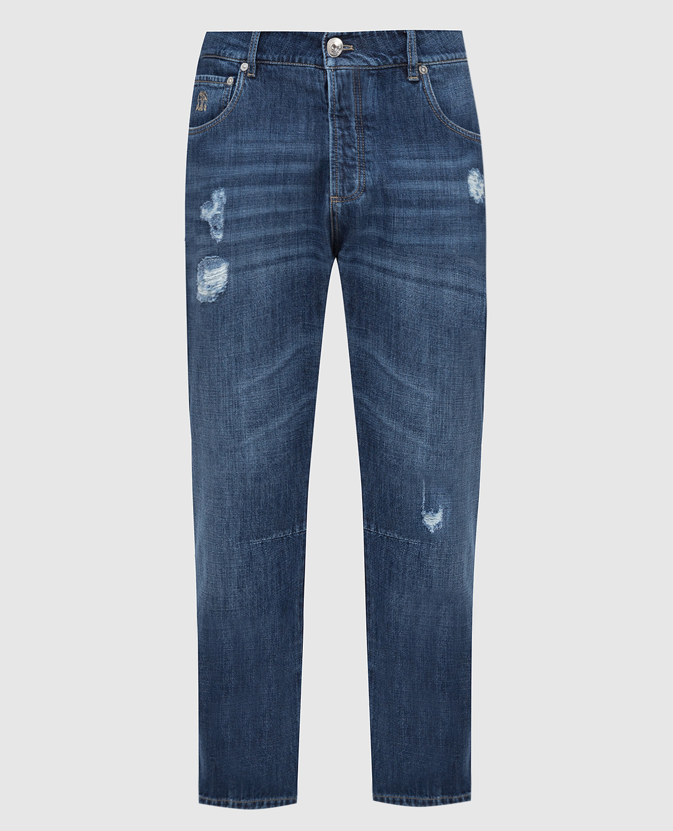 Синие джинсы с прорехами и эффектом потертости