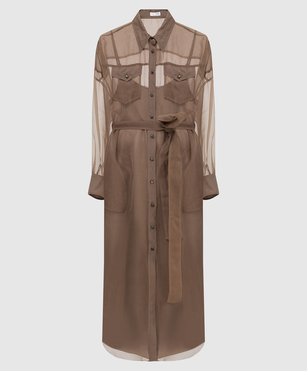 Brunello Cucinelli Коричневое шелковое платье-рубашка с разрезами MF940ANV41