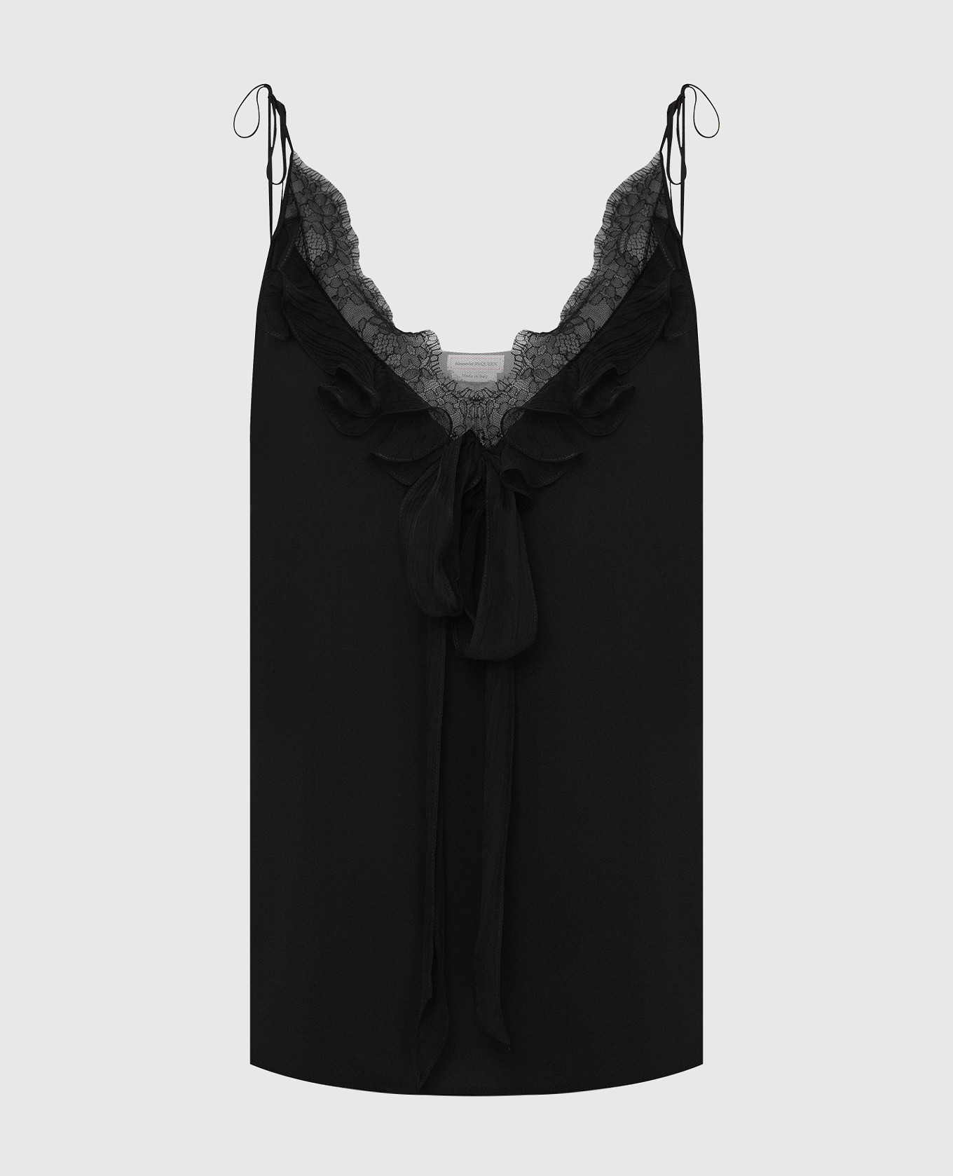 

Шелковый топ с кружевом и оборками Alexander McQueen, Черный, Топы