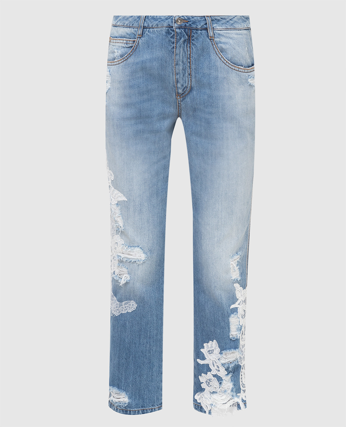 

Бойфренды с кружевными вставками и прорехами, Голубой, Джинсы бойфренды