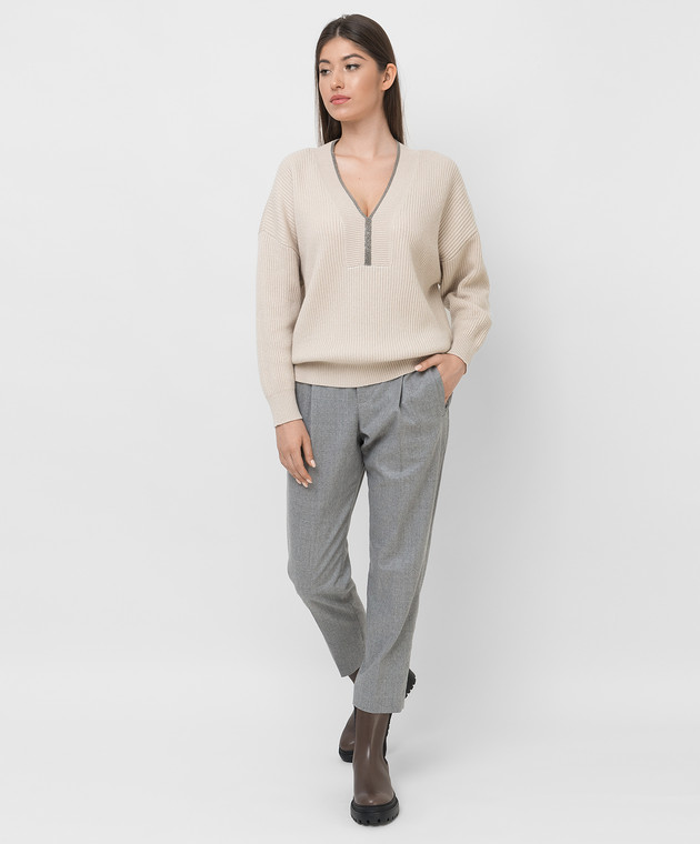 Brunello Cucinelli Светло-бежевый пуловер из кашемира с люрексом и цепочками M7Q711402 изображение 2