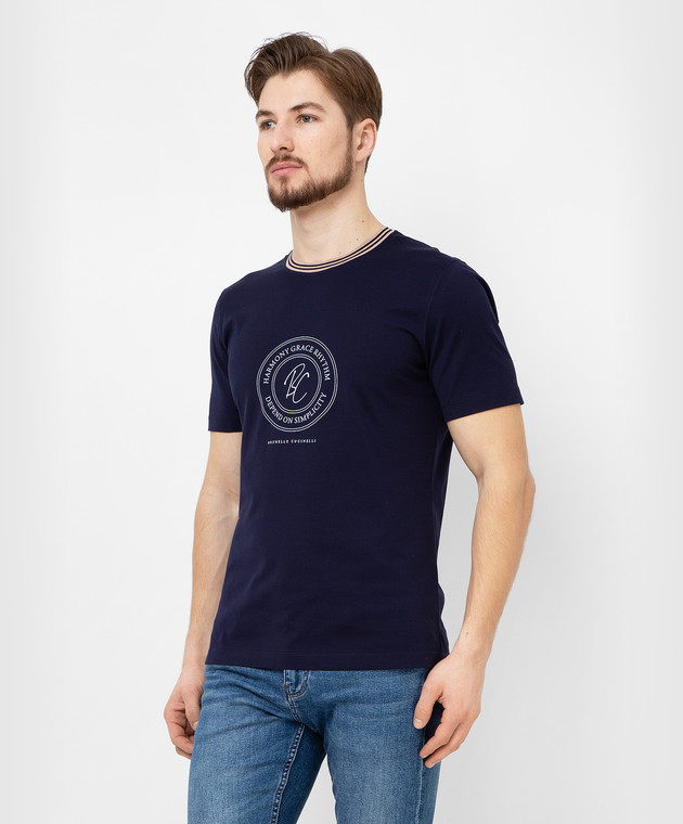 Brunello Cucinelli Темно-синя футболка з принтом логотипу M0T618420 зображення 3