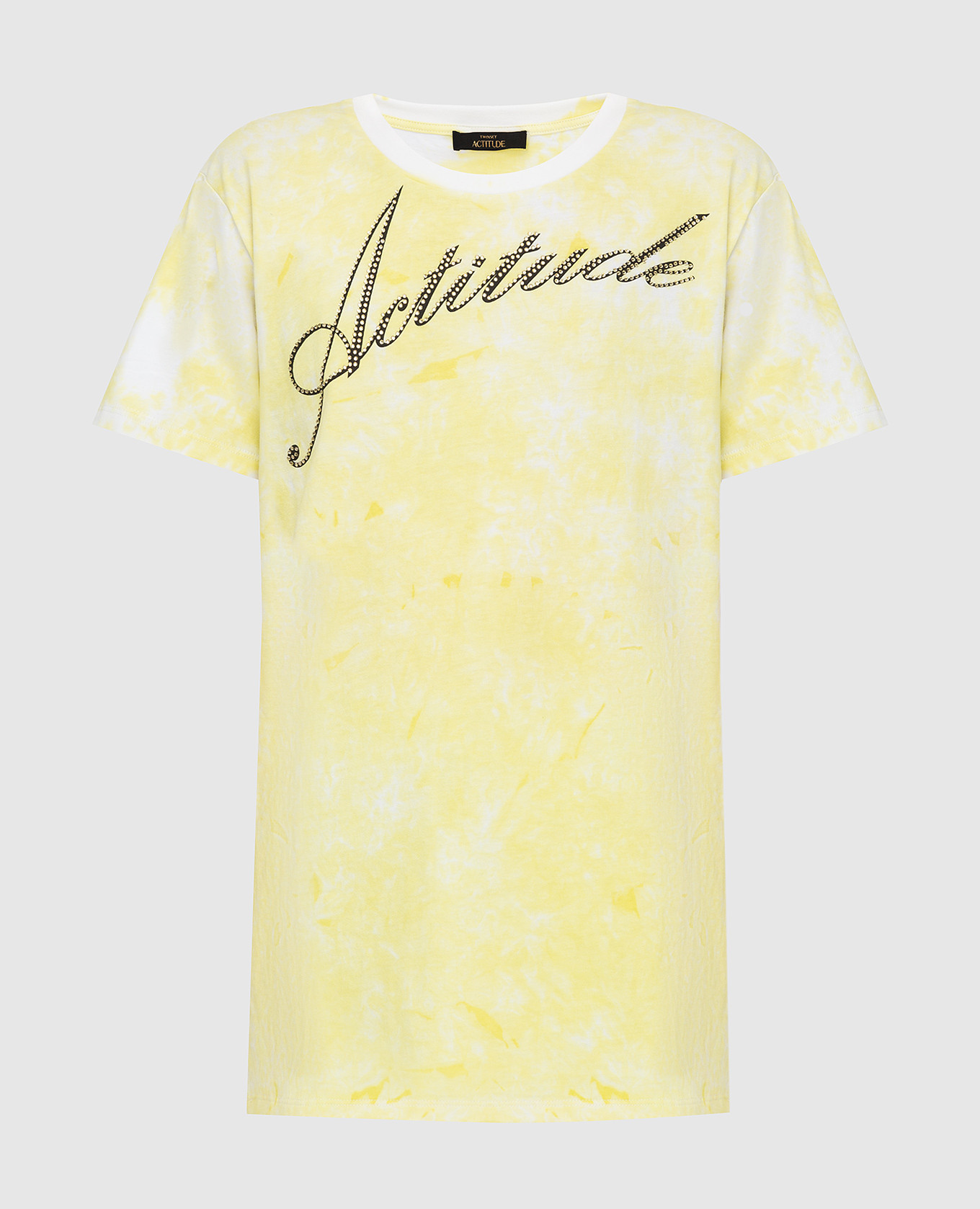 Желтая футболка с принтом и кристаллами