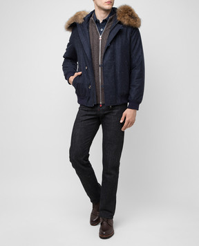 ISAIA Темно-синяя куртка из кашемира и шелка с мехом SW709089902