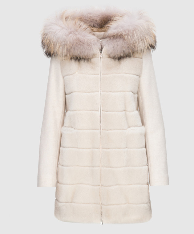 Real Furs House Світло-бежеве пальто з хутром єнота 922RFH